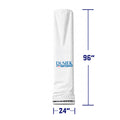 White cylindrical dust collection filter bag with Dustek logo, featuring a metal ring base. 96 inches height and 24 inches diameter.