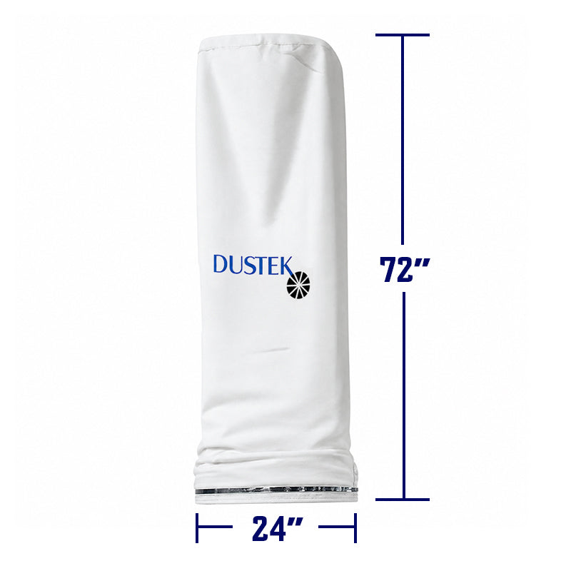 White cylindrical dust collection filter bag with Dustek logo, featuring a metal ring base. Displayed on a clean background with labeled dimensions: 72 inches height and 24 inches diameter.