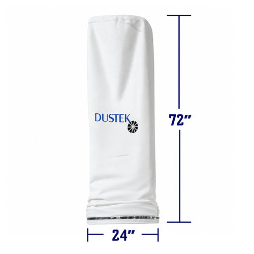 White cylindrical dust collection filter bag with Dustek logo, featuring a metal ring base. Displayed on a clean background with labeled dimensions: 72 inches height and 24 inches diameter.