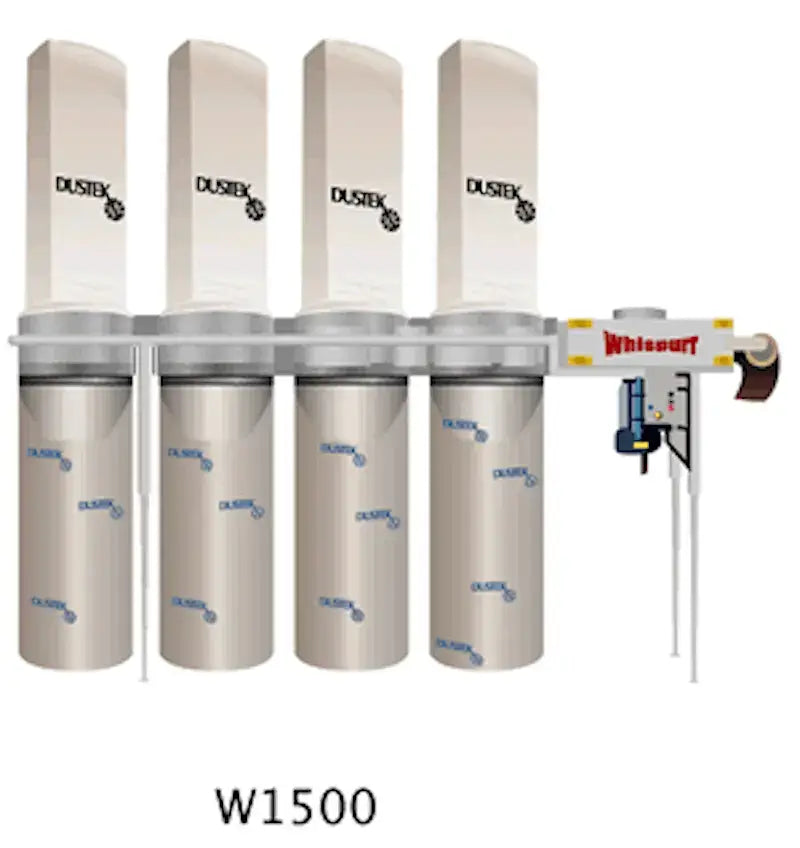 Dustek Whispurr W1500 15 HP industrial dust collector with 4 filter bags, 4 drums, and control panel, 5,000 CFM