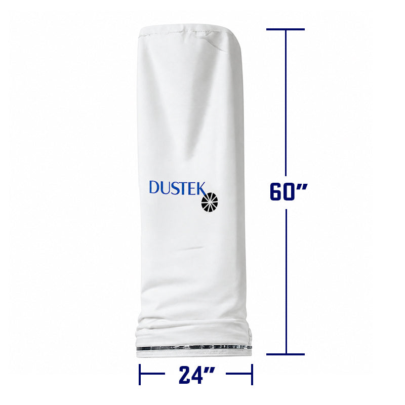 White cylindrical dust collection filter bag with Dustek logo, featuring a metal ring base. Displayed on a clean background with labeled dimensions: 60 inches height and 24 inches diameter.