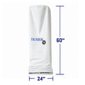 White cylindrical dust collection filter bag with Dustek logo, featuring a metal ring base. Displayed on a clean background with labeled dimensions: 60 inches height and 24 inches diameter.
