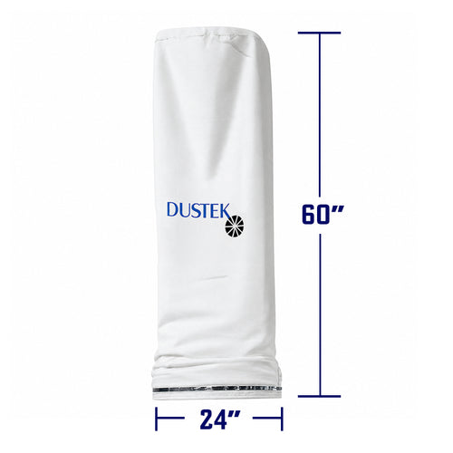 White cylindrical dust collection filter bag with Dustek logo, featuring a metal ring base. Displayed on a clean background with labeled dimensions: 60 inches height and 24 inches diameter.