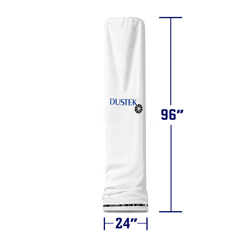 White cylindrical dust collection filter bag with Dustek logo, featuring a metal ring base. Displayed on a clean background with labeled dimensions: 96 inches height and 24 inches diameter.