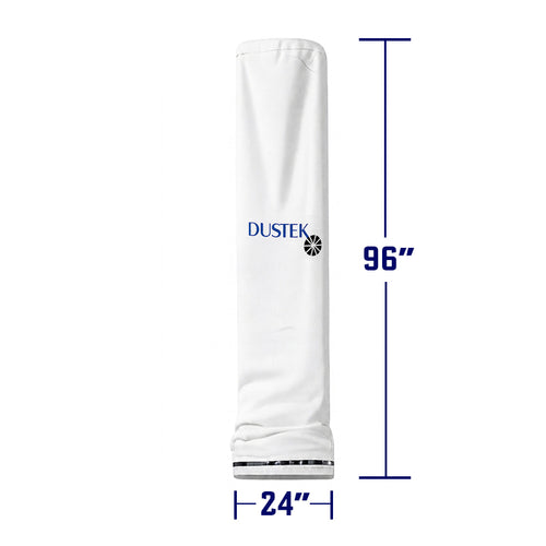 White cylindrical dust collection filter bag with Dustek logo, featuring a metal ring base. Displayed on a clean background with labeled dimensions: 96 inches height and 24 inches diameter.