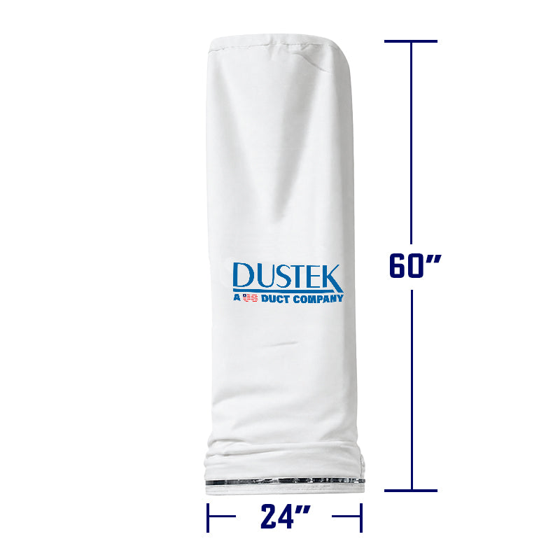 White cylindrical dust collection Teflon-coated filter bag with Dustek logo, featuring a metal ring base. 60 inches height and 24 inches diameter.
