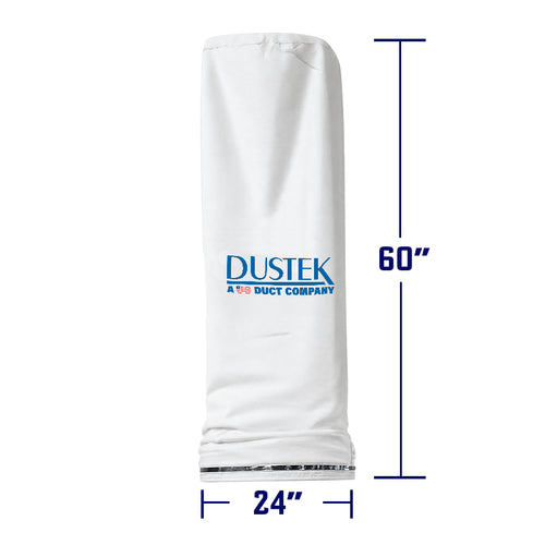White cylindrical dust collection Teflon-coated filter bag with Dustek logo, featuring a metal ring base. 60 inches height and 24 inches diameter.