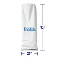 White cylindrical dust collection filter bag with Dustek logo, featuring a metal ring base. 72 inches height and 24 inches diameter.