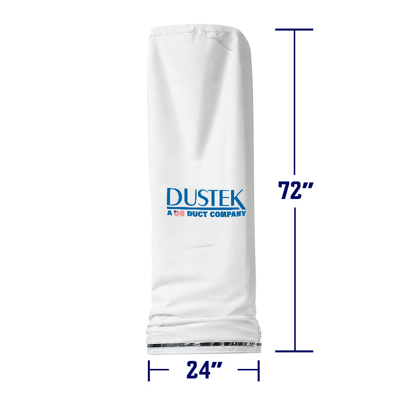 White cylindrical dust collection filter bag with Dustek logo, featuring a metal ring base. 72 inches height and 24 inches diameter.