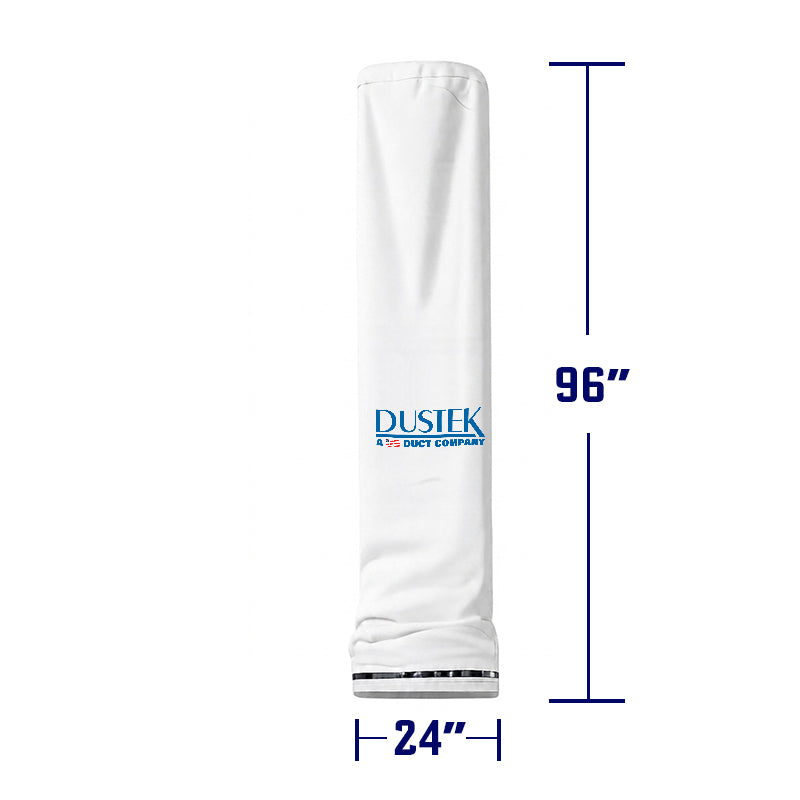 White cylindrical dust collection filter bag with Dustek logo, featuring a metal ring base. 96 inches height and 24 inches diameter.