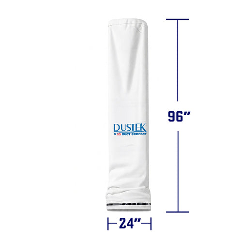 White cylindrical dust collection filter bag with Dustek logo, featuring a metal ring base. 96 inches height and 24 inches diameter.