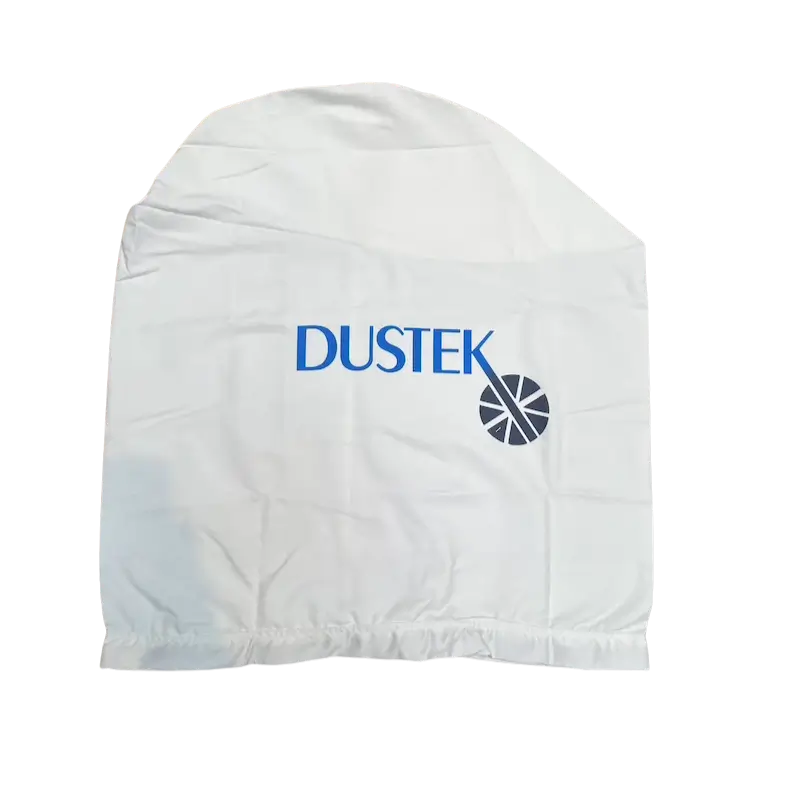 White Dustek JR-31 upper cloth filter bag with blue Dustek logo and elastic hem