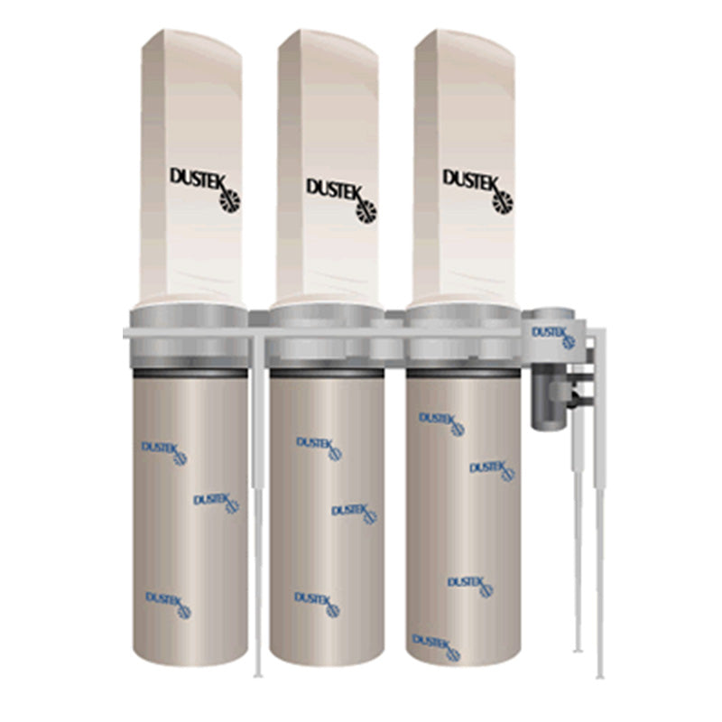 Three Dustek filters mounted on a white background