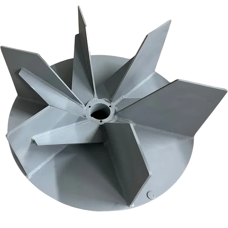 A metallic gray multi-blade Dustek impeller for WHispurr Model dust collectors.