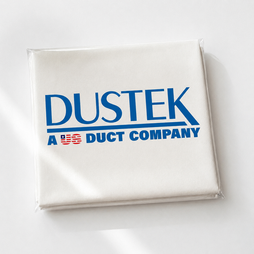 Folded Dustek filter bag packaged neatly in clear plastic, showcasing logo branding. Clean, simple presentation highlights product readiness, storage convenience, and professional appearance for industrial and replacement filter bag use.