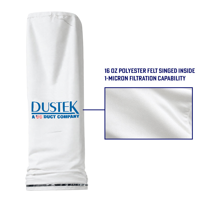 White Dustek filter bag with close-up fabric detail, highlighting 16 oz polyester felt construction and 1-micron filtration capability. Clean layout emphasizes material quality and performance for industrial dust collection applications.