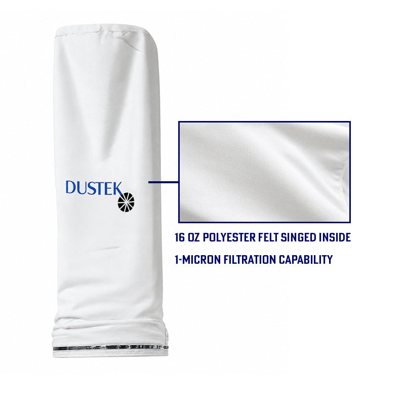 White Dustek filter bag with close-up fabric detail, highlighting 16 oz polyester felt construction and 1-micron filtration capability. Clean layout emphasizes material quality and performance for industrial dust collection applications.