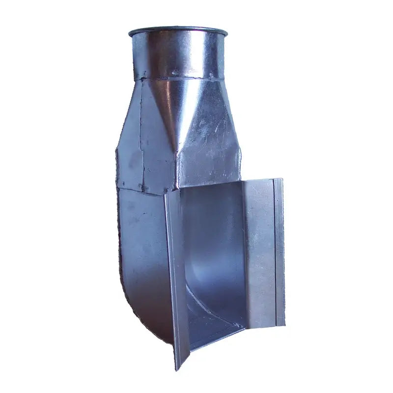 Radial arm saw hood with round dust collection outlet and open front.