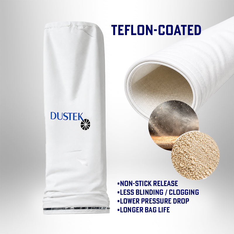Teflon-coated Dustek filter bag designed for fine wood dust, featuring non-stick release, reduced clogging, lower pressure drop, and longer bag life for efficient, consistent dust collection performance.