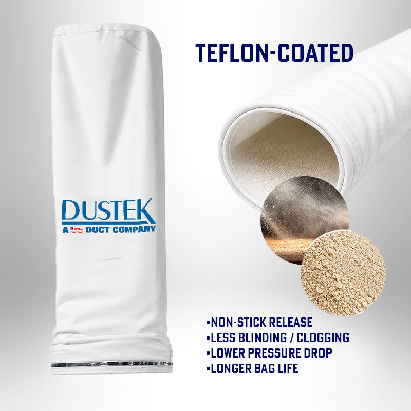 Teflon-coated Dustek filter bag designed for fine wood dust, featuring non-stick release, reduced clogging, lower pressure drop, and longer bag life for efficient, consistent dust collection performance.