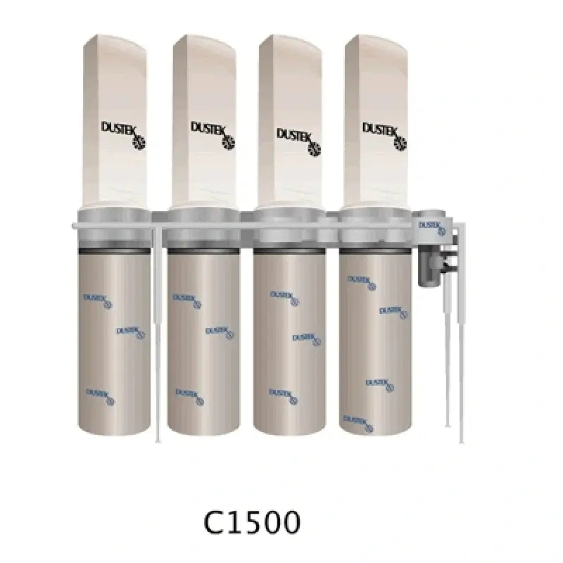 Dustek C1500 industrial dust collector with 4 filter bags, 4 collection drums, 15 HP motor, 5,000 CFM