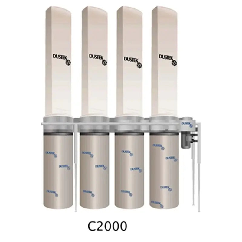 Dustek C2000 industrial dust collector with 4 filter bags, 4 collection drums, 20 HP motor, 7,000 CFM
