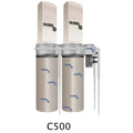 Dustek C500 industrial dust collector with 2 filter bags, 2 collection drums, 5 HP motor, 2,000 CFM