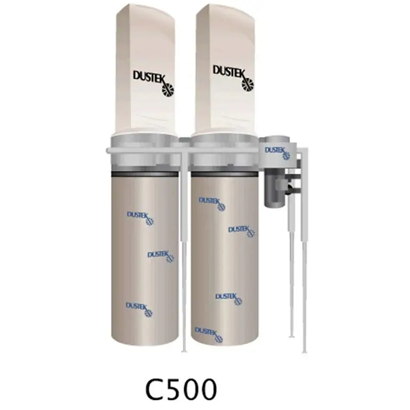Dustek C500 industrial dust collector with 2 filter bags, 2 collection drums, 5 HP motor, 2,000 CFM