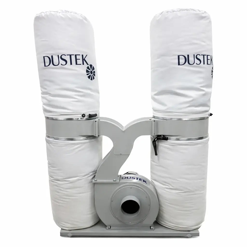 Dustek Dusty JR-31 mobile dust collector with dual white filter bags, steel impeller, and 3 HP TEFC motor