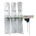 Dustek Whispurr W1000 10 HP dust collector with 3 white filter bags, 3 clear lower bags, and motor housing