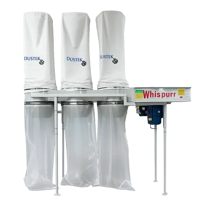 Dustek Whispurr W1000 10 HP dust collector with 3 white filter bags, 3 clear lower bags, and motor housing