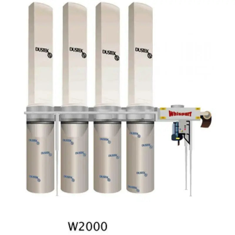 Dustek Whispurr W2000 20 HP industrial dust collector with 4 filter bags, 4 drums, and control panel, 7,000 CFM